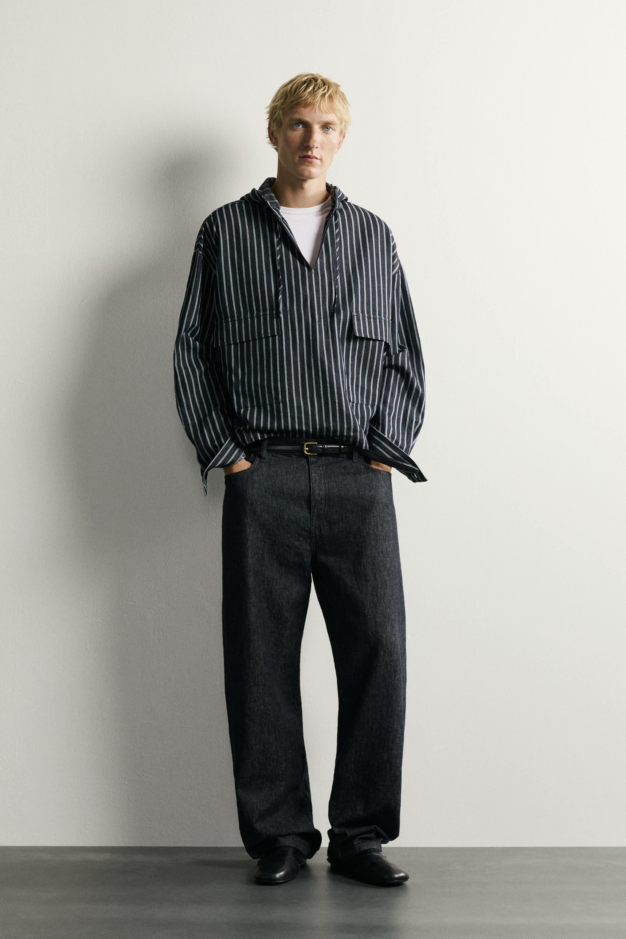 STRIPED COTTON-LINEN HOODIE OVERSHIRT